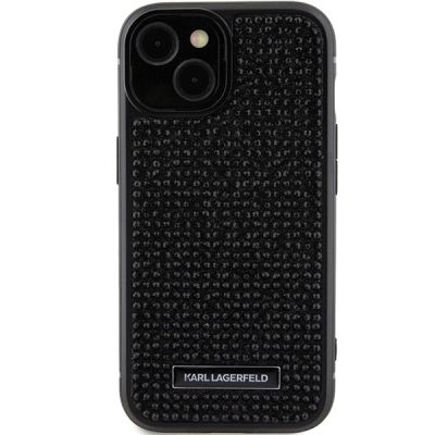 3. Karl Lagerfeld Rhinestone Logo Metal Plate case for iPhone 15 - black