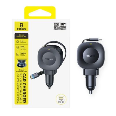 7. Baseus PrimeTrip VR2 45W + 45W Car Charger with Retractable USB-C Cable - Black
