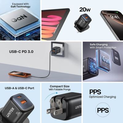 13. UNITEK 2X GAN WALL CHARGER USB-C & USB-A 20W BLACK