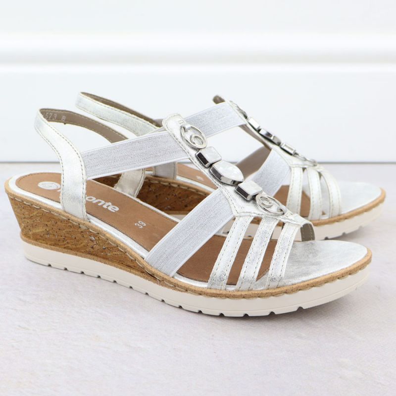 2. Women's wedge sandals with elastic bands silver Remonte R6264-92