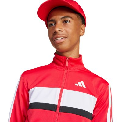 5. adidas Seasonal Essentials Tiberio 3-Stripes Tricot Kids Tracksuit Red and Black JI6214