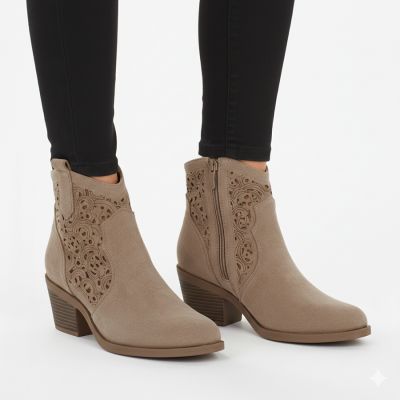 5. Women's suede ankle boots with openwork heel, beige, S.Barski HY61-8012