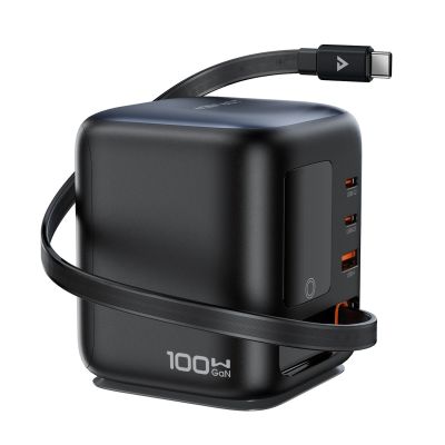 4. Acefast Z10 GaN 100W 3xUSB Desktop Charger with Retractable USB-C Cable and TFT Display - Black