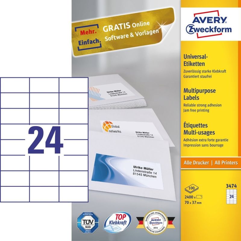Avery 3474 Self-Adhesive Labels Rectangle Permanent White 2400 pcs.