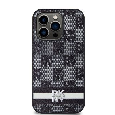 3. DKNY Leather Checkered Mono Pattern & Printed Stripes iPhone 14 Pro Case - Black