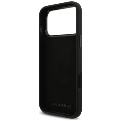 7. Karl Lagerfeld Silicone Karl&Choupette Metal Pin Case for iPhone 18 Pro Max / 17 Pro Max – Black
