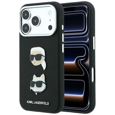 Karl Lagerfeld Saffiano Case with Karl & Choupette Heads Pins & Logo for iPhone 18 Pro / 17 Pro - Black