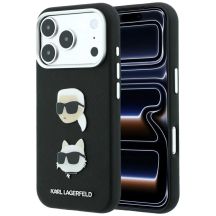 Karl Lagerfeld Saffiano Case with Karl & Choupette Heads Pins & Logo for iPhone 18 Pro / 17 Pro - Black