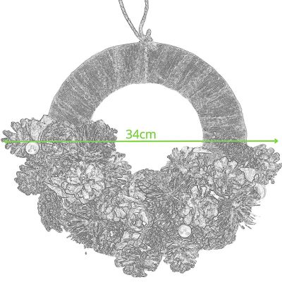 5. DECORATIVE HALF WREATH 34 CM GOLD WITH PINE CONES AND BAUBLES MICA