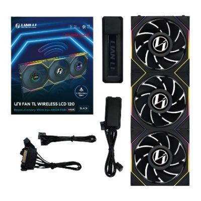 Lian Li UNI FAN TL Wireless LCD Lüfter fan, ARGB, PWM, 3er-Pack incl. Controller - Reverse Blade, 120mm, black