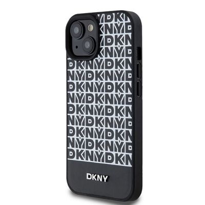 2. DKNY Leather Printed Pattern Metal Logo MagSafe Case for iPhone 15/14/13 - Black