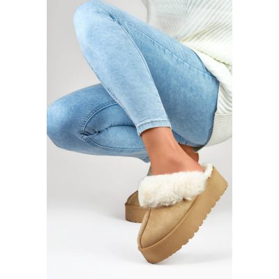 Women's slippers on a platform with fur, beige 81366-4-KH