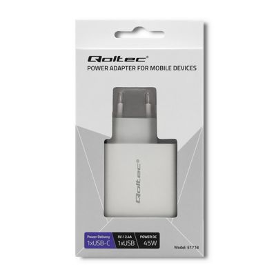 2. QOLTEC WALL CHARGER 45W | 5-20V | 2.4-3A | USB TYPE C PD | USB | WHITE