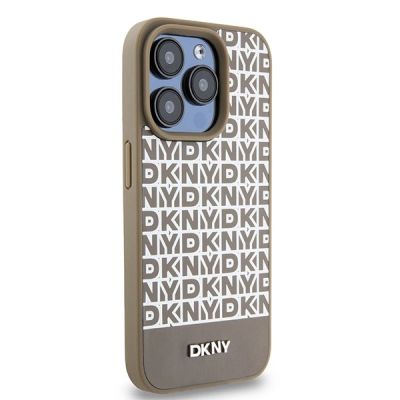 4. DKNY Leather Printed Pattern Metal Logo MagSafe Case for iPhone 15 Pro - Brown
