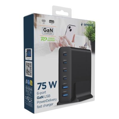 5. GEMBIRD 6-PORT GAN FAST POWER CHARGER (PD) 6XUSB (2X USB-A + 4X USB-C), 75W, BLACK