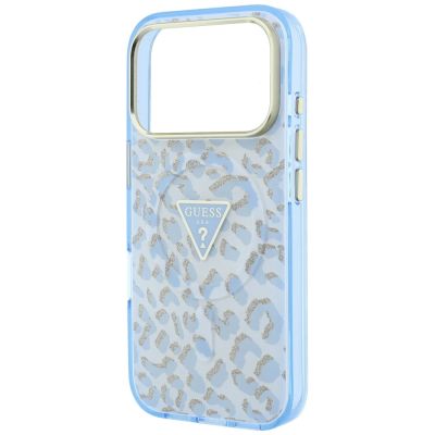 6. Guess IML Leopard Glitter Triangle Logo MagSafe Case for iPhone 17 Pro Max / 18 Pro Max - Blue