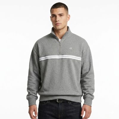 Calvin Klein Zip Fleece Hoodie Logo Tape Grey Heather - LZ04RE285G-P7E