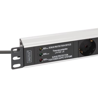 4. PDU Rack 19" power strip with surge protection + EMI/RFI filter, 7 Schuko CEE 7/3 (45°) sockets, 2m cable, Unischuko CEE 7/7 plug, 16A, aluminum
