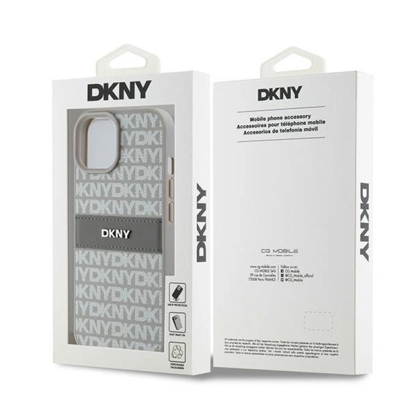 8. DKNY Leather Mono Stripe & Metal Logo case for iPhone 15 Plus / 14 Plus - beige