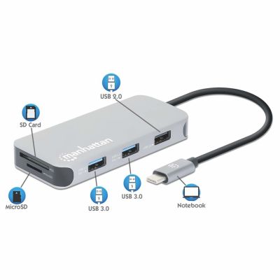 11. MANHATTAN 8-in-1 USB-C Docking Station with USB 3.2 Gen 1 Power Delivery Type-C Male to HDMI Female, Three USB-A Ports, Gigabit RJ45 Port, USB-C Power Delivery Port, SD/MicroSD Card Reader, Aluminum, Space Gray (13061)