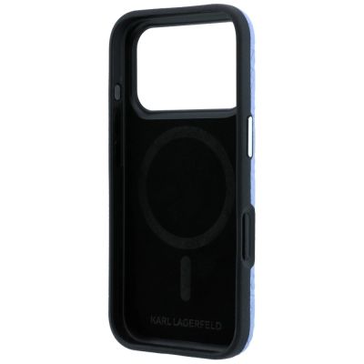 7. Karl Lagerfeld Grained Allover Logo Metal Elongated MagSafe Case for iPhone 17 Pro / 18 Pro - Blue
