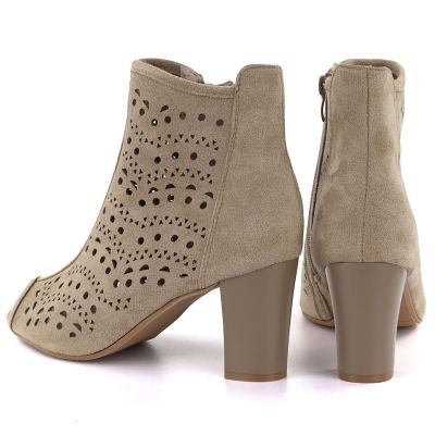 4. Women's openwork suede high-heeled ankle boots in beige Jezzi ASA283-8