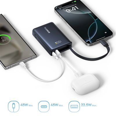 8. Baseus PicoGo 10000mAh 45W Power Bank with Digital Display and Built-in USB-C Cable - Black