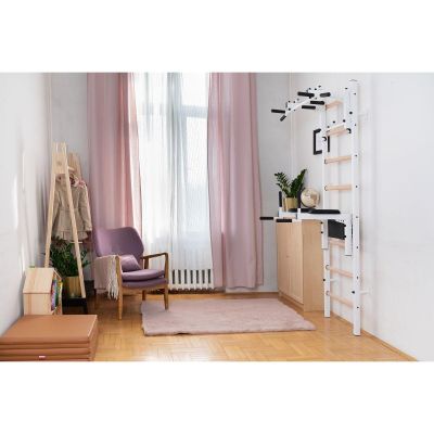 21. WOODEN AND METAL GYMNASTIC WALL BAR WITH BAR AND ACCESSORIES BENCHK 232W