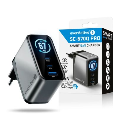 10. EVERACTIVE GAN WALL CHARGER 1 X USB, 2 X USB-C QUICK CHARGE 4+ 67W BLACK SC-670Q