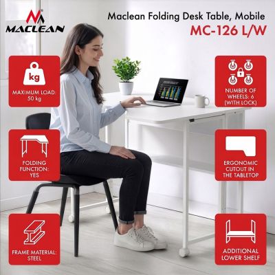 4. MACLEAN FOLDING DESK / TABLE MACLEAN, WHITE, MOBILE 100X73CM, MAX. 50KG, ANGLED, L-SHAPED, MC-126 L/W