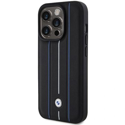 2. BMW Leather Stamp Blue Line Case for iPhone 15 Pro Max - Black