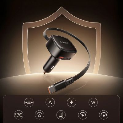 11. Orico FC-66-1A2C 66W Car Charger with Built-in Retractable USB-C Cable - Black