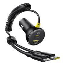 Baseus Circular 60W USB-A + USB-C Car Charger with Built-in Lightning + USB-C Cable 1.4m - Black