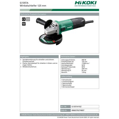 2. Hikoki G13STA angle grinder 1.8 kg