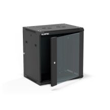 19" 12U 600x450 wall-mounted cabinet, (double-section option), single-leaf glass door, removable full rear cover, removable full side covers, lockable, 4 beams, black, ALANTEC