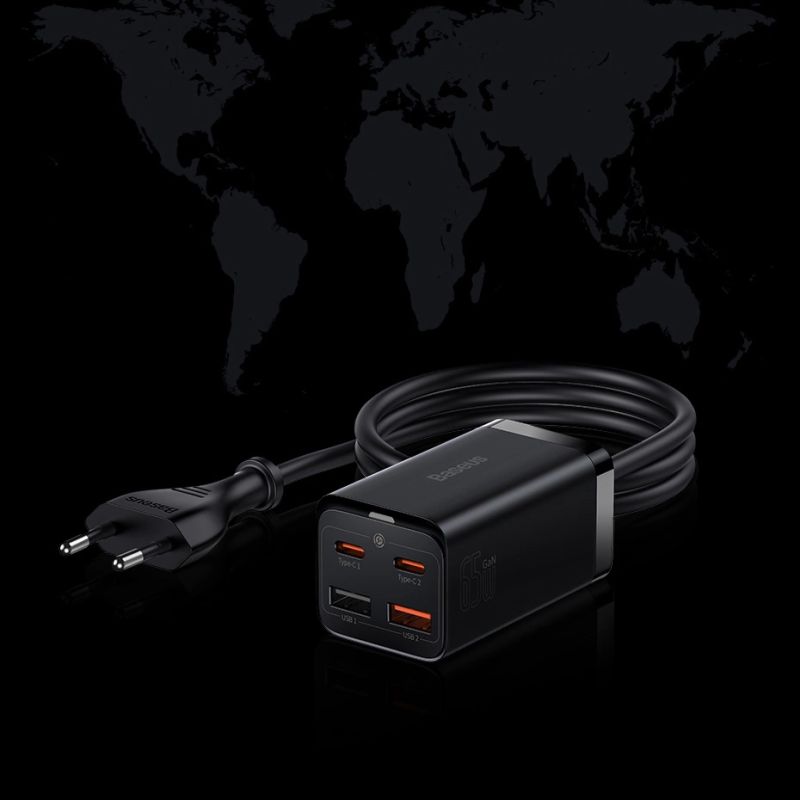 20. Baseus GaN3 Pro fast charger GaN 2 x USB Type C / 2 x USB 65W PD, QC4.0+, AFC, PPS + cable USB Type C - USB Type C 1m black (CCGP040101)
