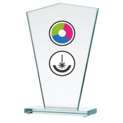 Glass trophy with LuxorJet color printing, engraving, and paint filling