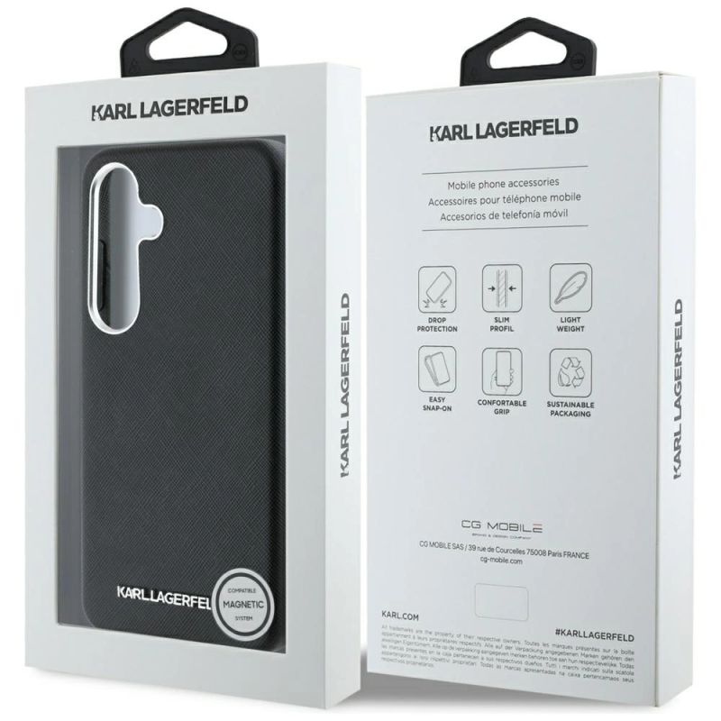8. Karl Lagerfeld Saffiano Full Wrapped Elongated Metal Logo MagSafe Case for Samsung Galaxy S25+ - Black