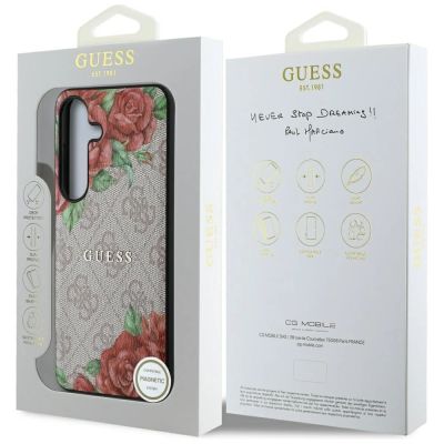 8. Guess Leather 4G Flowers Print Metal Classic Logo MagSafe Case for Samsung Galaxy S25 - Pink