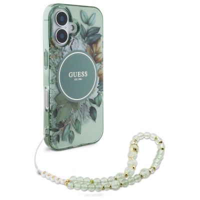 3. Guess IML Flowers With Pearl Strap MagSafe case for iPhone 16 Plus - green