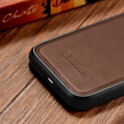 8. iCarer Leather Oil Wax Genuine Leather Case for iPhone 14 Plus (MagSafe Compatible) Brown (WMI14220719-BN)