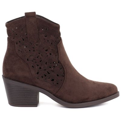 2. Women's suede ankle boots with openwork heel, brown, S.Barski HY61-8012