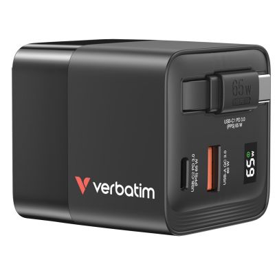2. Verbatim Gan 65W charger 2xUSB-C PD, 1xUSB-A, retrac. Cable 32217