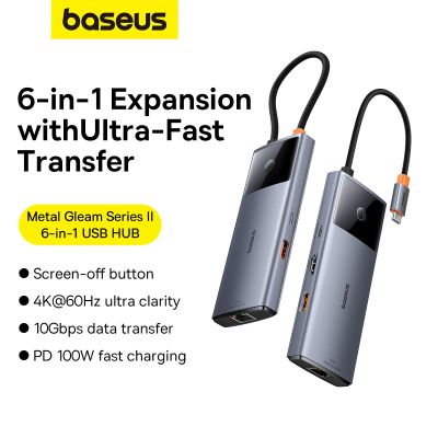 12. USB HUB 6in1 Baseus Metal Gleam Series II USB-A/USB-C/USB-C PD/HDMI/RJ45 - black