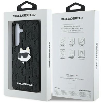 8. Karl Lagerfeld Leather Monogram Pin Logo Choupette Head Samsung Galaxy S25 Case Black