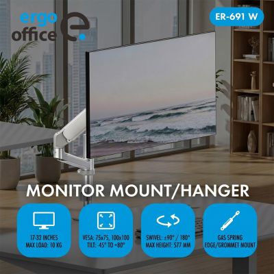 3. ERGO OFFICE MONITOR HOLDER / HANGER GAS SPRING, 17"-32", 1-10KG, MATTE WHITE, MAX. VESA 100X100 ER-691 W