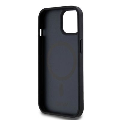 7. DKNY Leather Printed Pattern Metal Logo MagSafe Case for iPhone 15/14/13 - Black