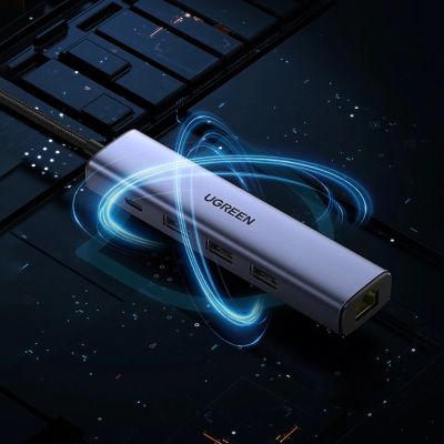 26. Ugreen multifunctional adapter HUB USB 3.0 - 3 x USB / Ethernet RJ-45 / USB Type C PD gray (CM475)