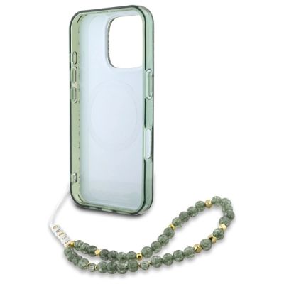 6. Guess IML Flowers Allover Electro With Pearl Strap MagSafe case for iPhone 16 Pro Max - green