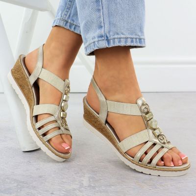 6. Women's wedge sandals with elastic bands, gold, Remonte R6264-91